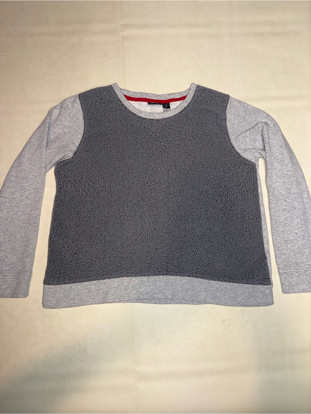 Marmot Gray Sherpa Front Crewneck with Light Gray Knit Sleeves